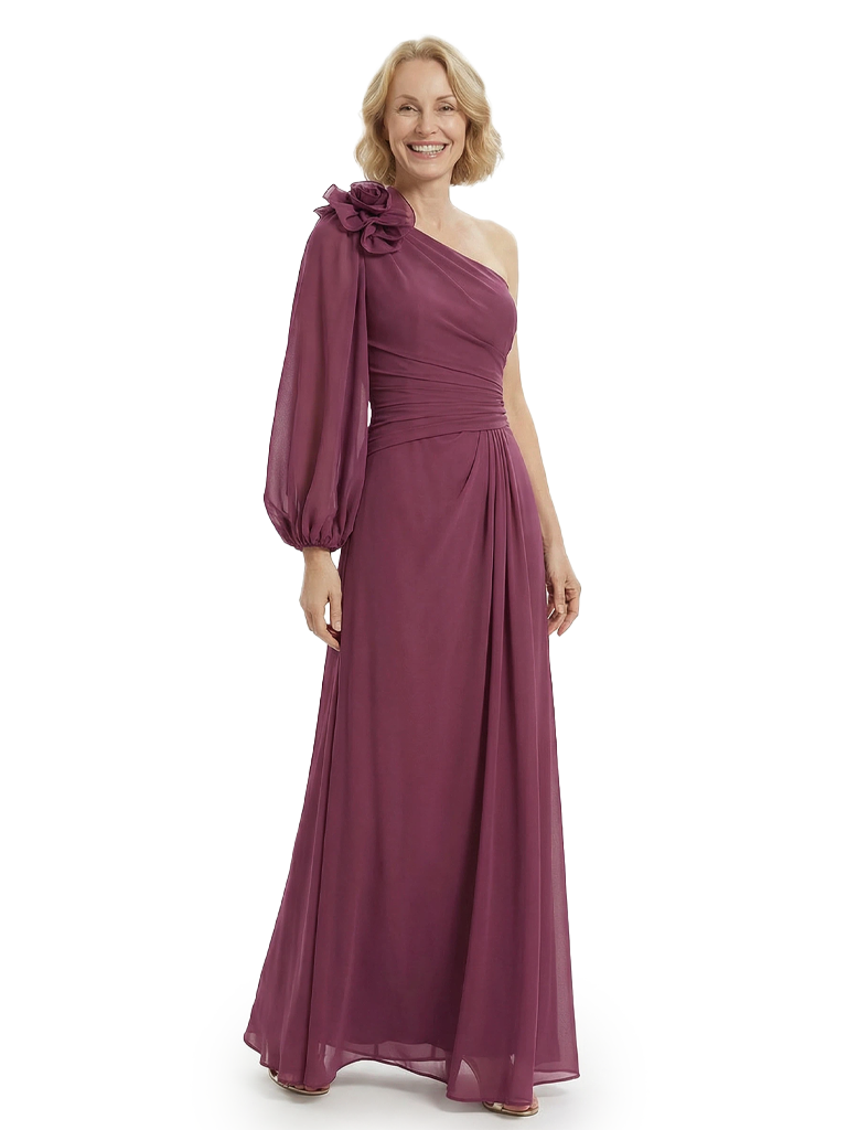 Chicsew Elegant One Shoulder Long Sleeves Chiffon Mother of The Bride Gown