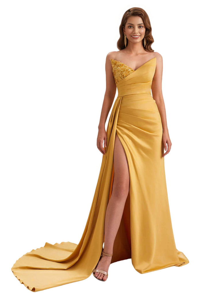 Unique Soft Satin Mermaid Sweetheart V-Neck Side Slit Long Bridesmaid Dresses Online