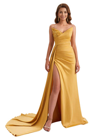 Unique Soft Satin Mermaid Sweetheart V-Neck Side Slit Long Bridesmaid Dresses Online