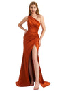 Elegant One Shoulder Silky Satin Side Split Mermaid Ruched Long Bridesmaid Dresses Online