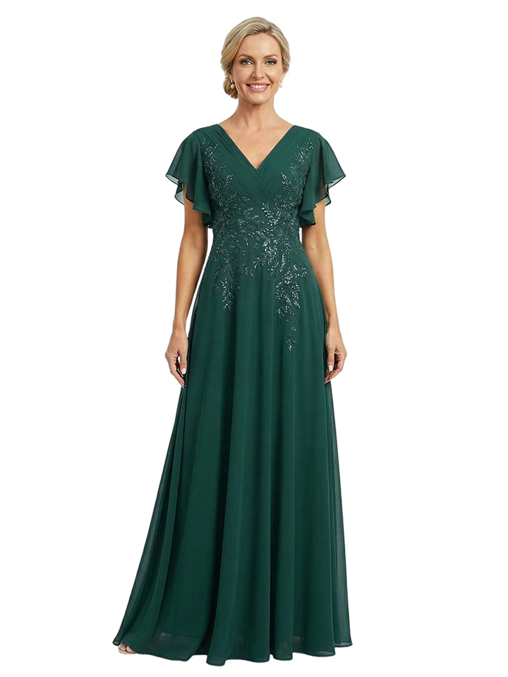 ChicSew V-Neck Flutter Sleeve Beaded Lace Applique A-Line Floor Length Chiffon Flowy Romantic Mother Of The Bride And Groom Dresses