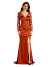Elegant V-Neck Long Sleeves Lace Satin Side Slit Mermaid Long Mother Of The Bride Dresses