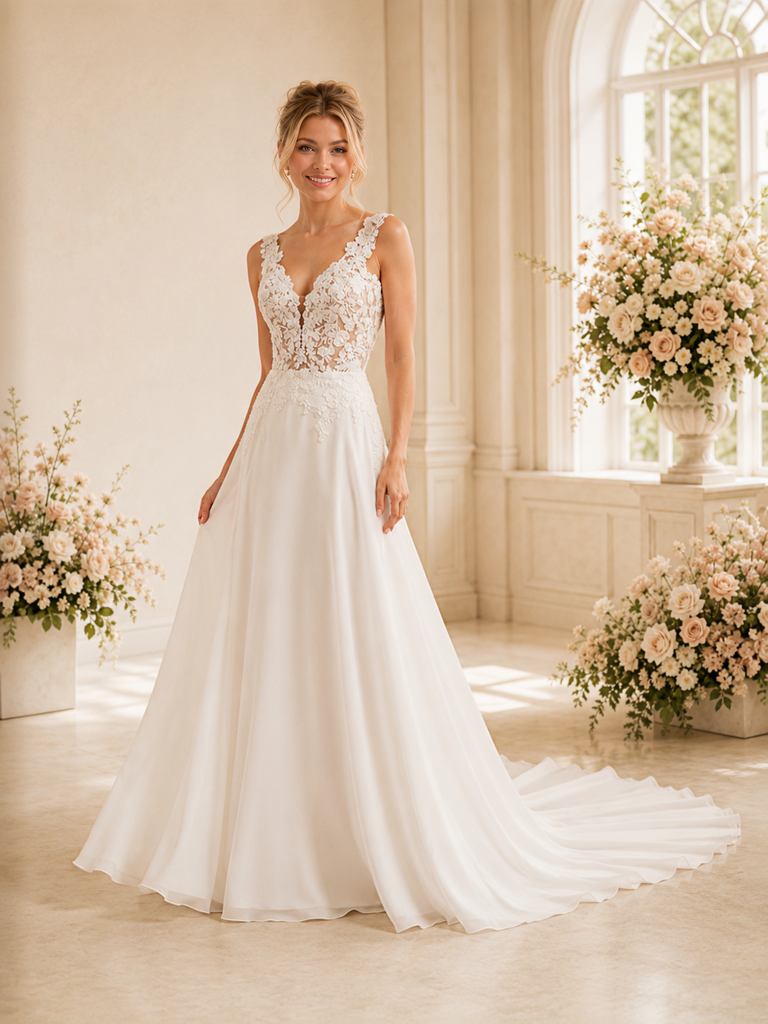 ChicSew Elegant V-Neck A-Line Lace Applique Chiffon Long Wedding Dresses With Train