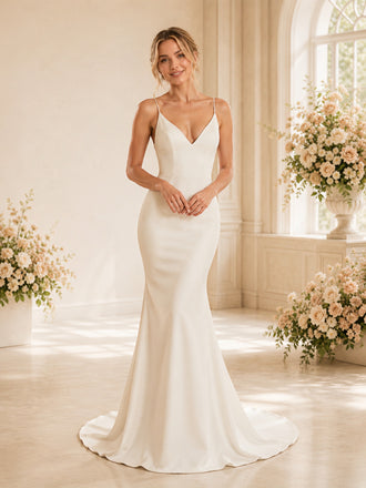 ChicSew Elegant Mermaid V-Neck Spaghetti Straps Sleeveless Satin Long Wedding Dresses