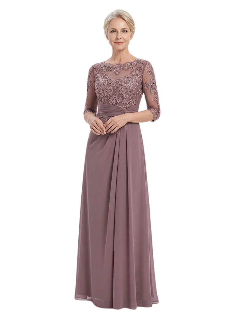 ChicSew Jewel 3/4 Sleeves Sheath Chiffon Ruched Lace Appliques Mother Of The Bride Dress