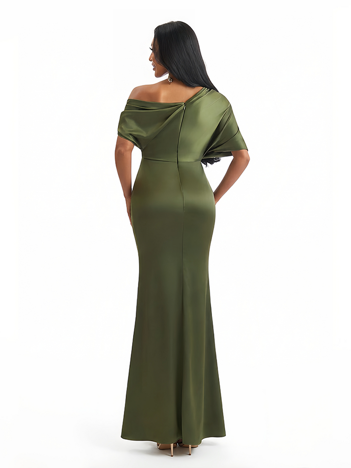 Women's Asymmetrical Mermaid Soft Satin Long Formal Dresses Side Slit