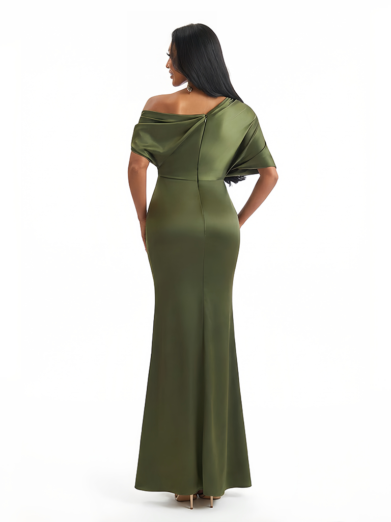 Women's Asymmetrical Mermaid Soft Satin Long Formal Dresses Side Slit