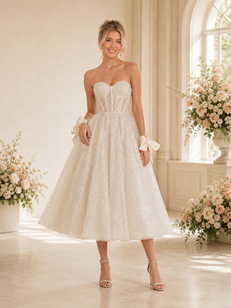 ChicSew Elegant A-line Sweetheart Boning Glitter Tulle Tea-Length Wedding Dresses