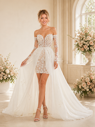 ChicSew Romantic Off The Shoulder Lace Wedding Dresses With Overskirt And Long Train