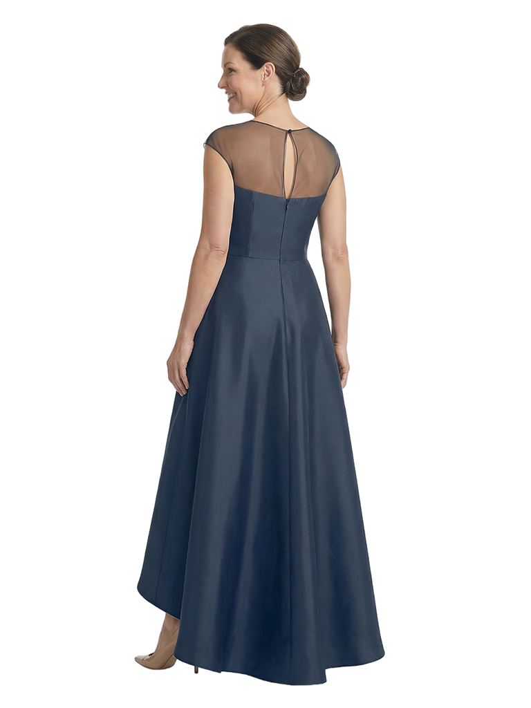 Chicsew Illusion Neckline Cap Sleeve High Low Satin Modern Mother of the Bride Dresses