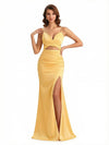 Sexy V-neck Mermaid Silky Satin Long Formal Dresses Side Slit Spaghetti Straps