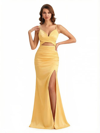 Sexy V-neck Mermaid Silky Satin Long Formal Dresses Side Slit Spaghetti Straps