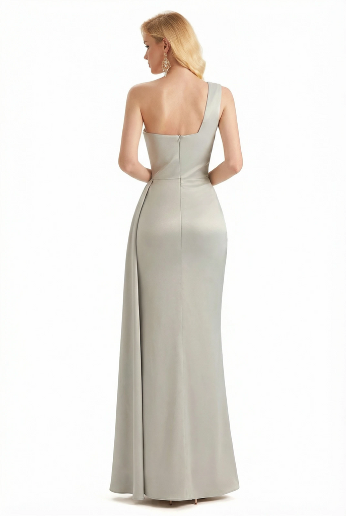 Ladies Sexy One Shoulder Silky Satin Ruched Mermaid Long Formal Evening Dresses