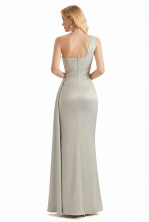 Ladies Sexy One Shoulder Silky Satin Ruched Mermaid Long Formal Evening Dresses