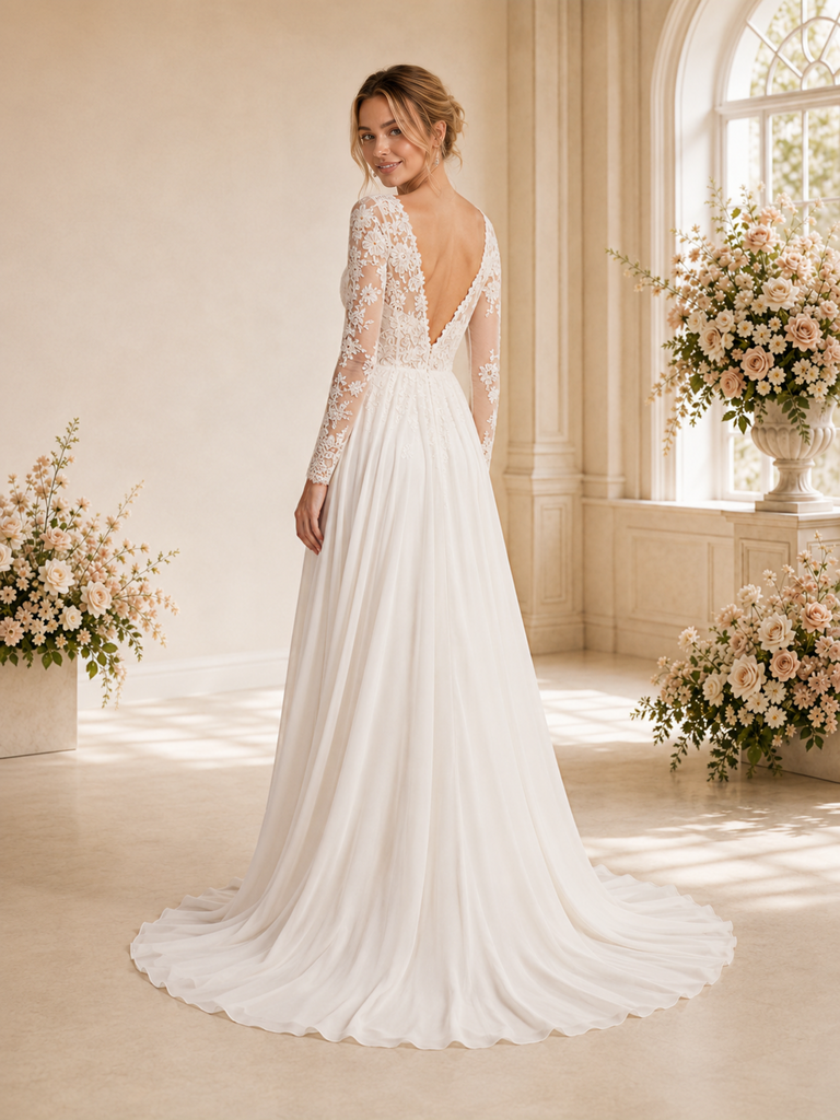 ChicSew Elegant Chiffon A-Line Lace Applique V-Neck Long Sleeves Maxi Wedding Dress