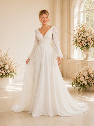 ChicSew Elegant V-Neck Long Sleeve Chiffon A-Line Open Back Foor-Length Wedding Dress