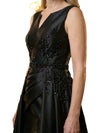 Chicsew V-Neck Sleeveless Beaded A-Line Floor Length Satin Formal Gown Elegant Mother of the Bride Dresses Overskirt