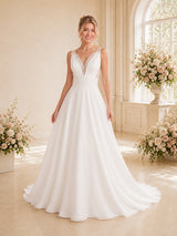 ChicSew Elegant V-Neck Spaghetti Straps Sleeveless Lace Chiffon A-Line Long Wedding Dress