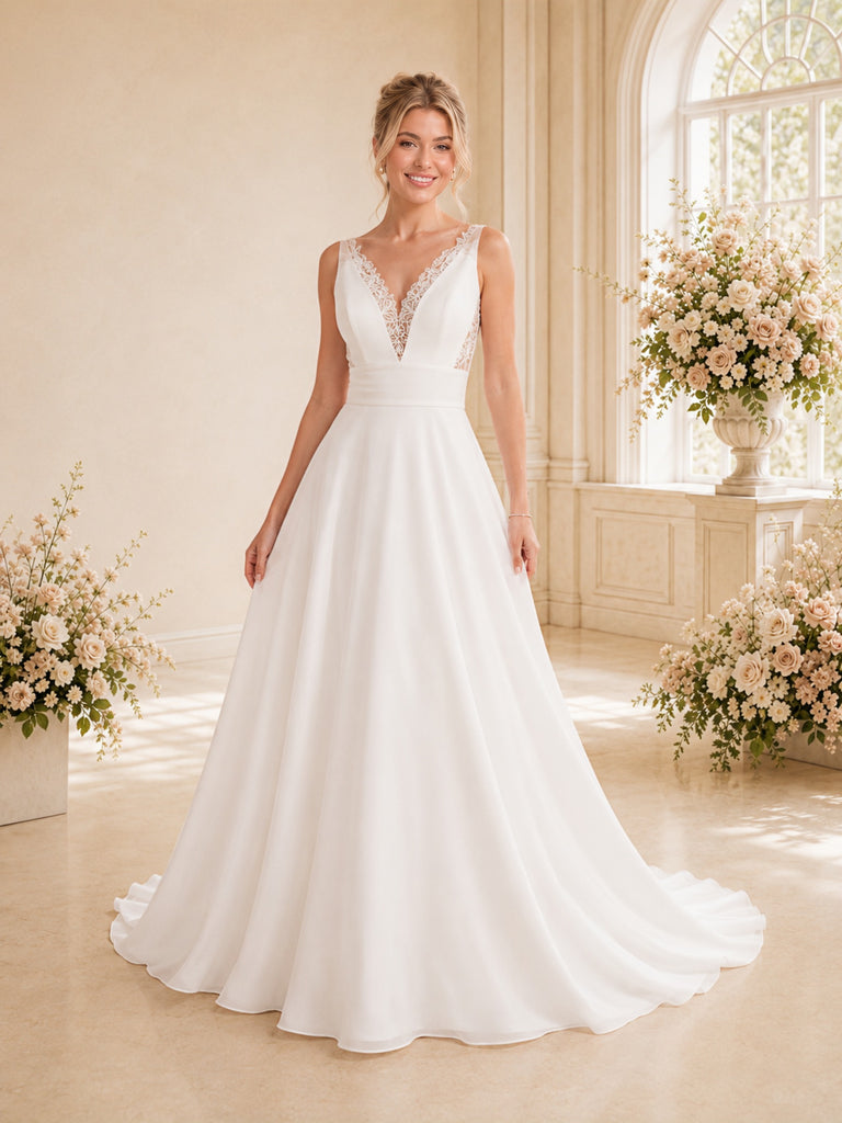 ChicSew Elegant V-Neck Spaghetti Straps Sleeveless Lace Chiffon A-Line Long Wedding Dress