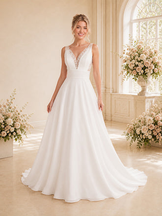 ChicSew Elegant V-Neck Spaghetti Straps Sleeveless Lace Chiffon A-Line Long Wedding Dress