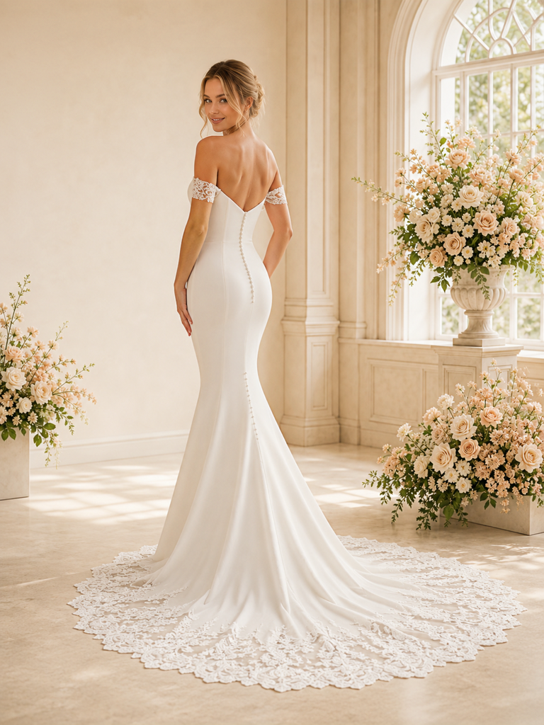ChicSew Elegant Mermaid Crepe Off The Shoulder Lace Applique Floor-Length Wedding Dress