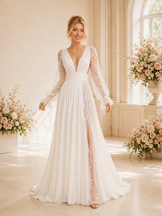 ChicSew Sexy A-Line Chiffon Long Sleeves Deep V-Neck Wedding dresses Online