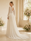 ChicSew Fancy Elegant Chiffon V-Neck Pleated A-Line Long Sleeves Maxi Wedding Dress With Applique