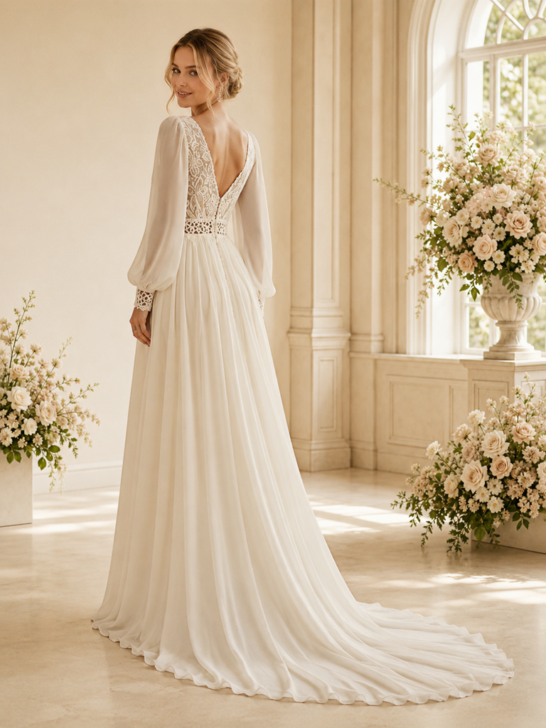 ChicSew Fancy Elegant Chiffon V-Neck Pleated A-Line Long Sleeves Maxi Wedding Dress With Applique