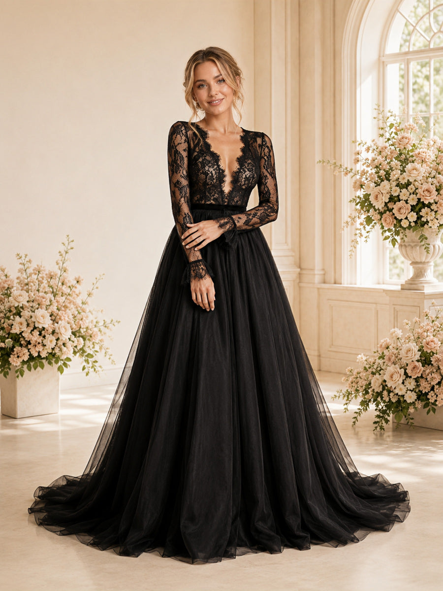 ChicSew Unique Deep V-Neck A-line Long Sleeves Lace Tulle Wedding Dresses Online
