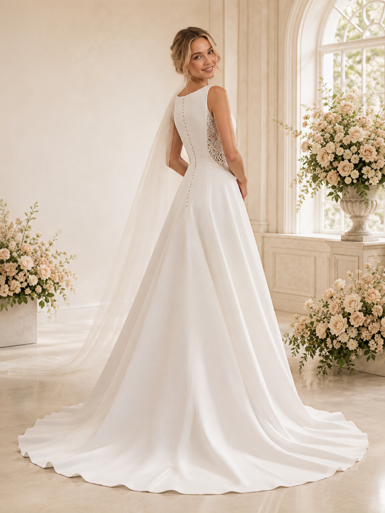 ChicSew Elegant Jewel Lace A-Line Crepe Sleeveless Floor-Length Wedding Dress