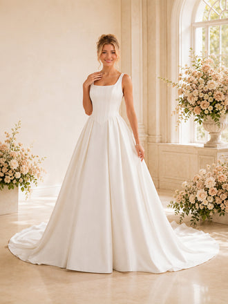 ChicSew Elegant Spaghetti Straps Square Satin A-Line Long Wedding Dresses With Boning