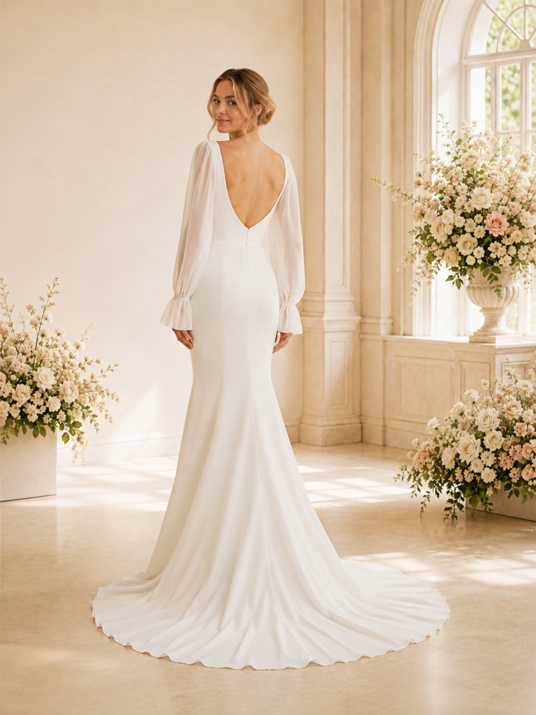 ChicSew Sexy Mermaid Crepe Deep V-Neck Long Tulle Sleeves Floor-Length Wedding Dress