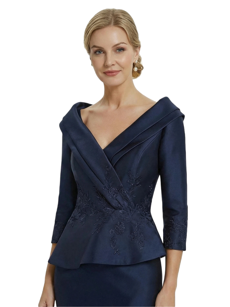 Chicsew V-Neck 3/4 Sleeve Midi Length Lace Satin Classy Mother of the Bride Dresses