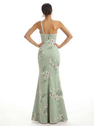 Elegant One Shoulder Mermaid Satin Maxi Floral Formal Dresses For Women Side Slit