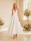 ChicSew Simple V-Neck A-Line Spaghetti Straps Sleeveless Satin Tea-Length Wedding Dresses