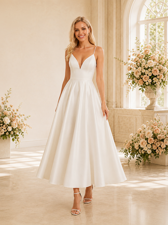 ChicSew Simple V-Neck A-Line Spaghetti Straps Sleeveless Satin Tea-Length Wedding Dresses