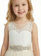 Illusion Lace Flower Girl Dress Sleeveless A-Line Tulle Skirt Tea Length Wedding Dress
