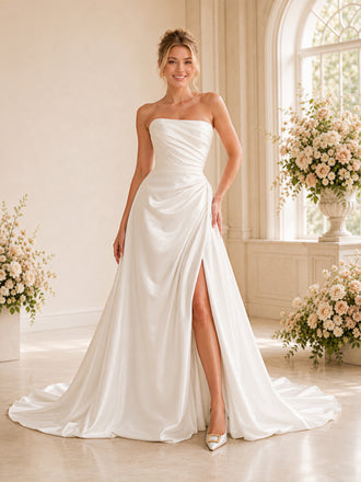 ChicSew Elegant Strapless Side Slit Ruching Satin A-Line Long Wedding Dresses