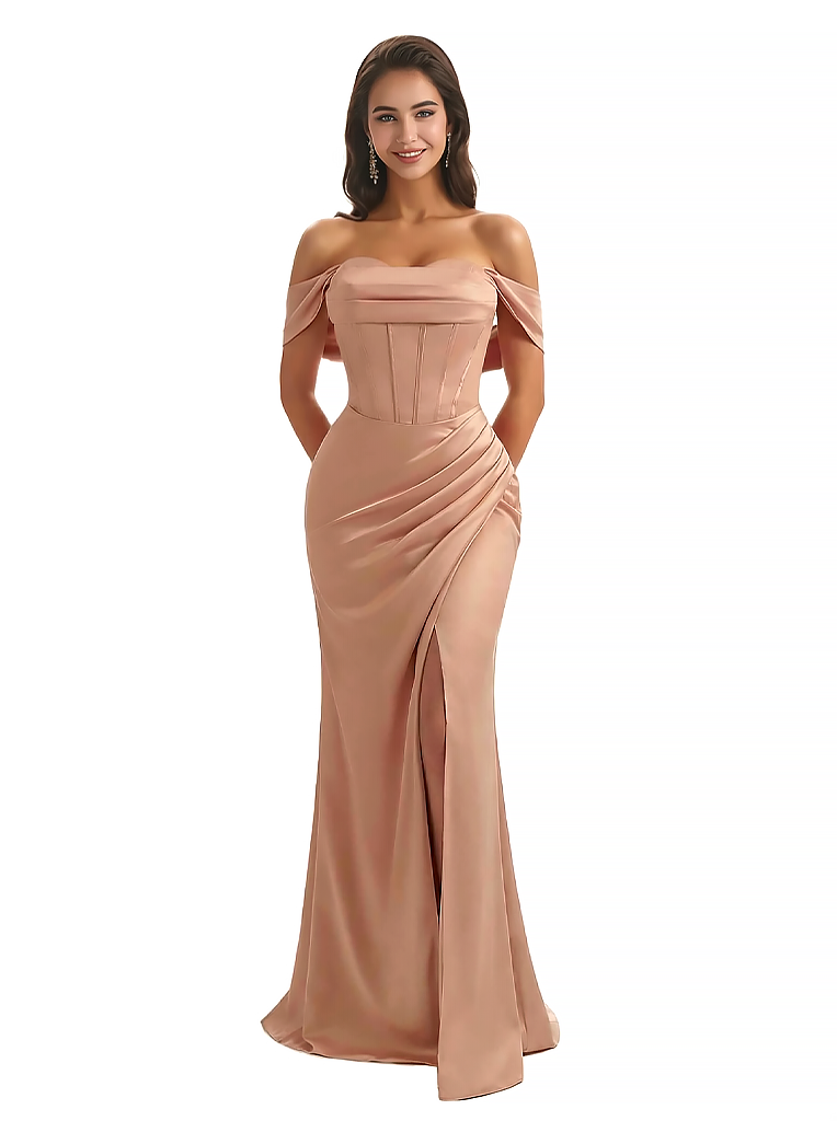 Elegant Off The Shoulder Mermaid Silky Satin Long Formal Dresses Side Slit