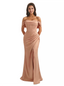 Elegant Off The Shoulder Mermaid Silky Satin Long Formal Dresses Side Slit
