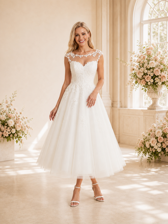 ChicSew Elegant Illusion Sleeveless A-Line Midi Lace Tulle Wedding Dresses