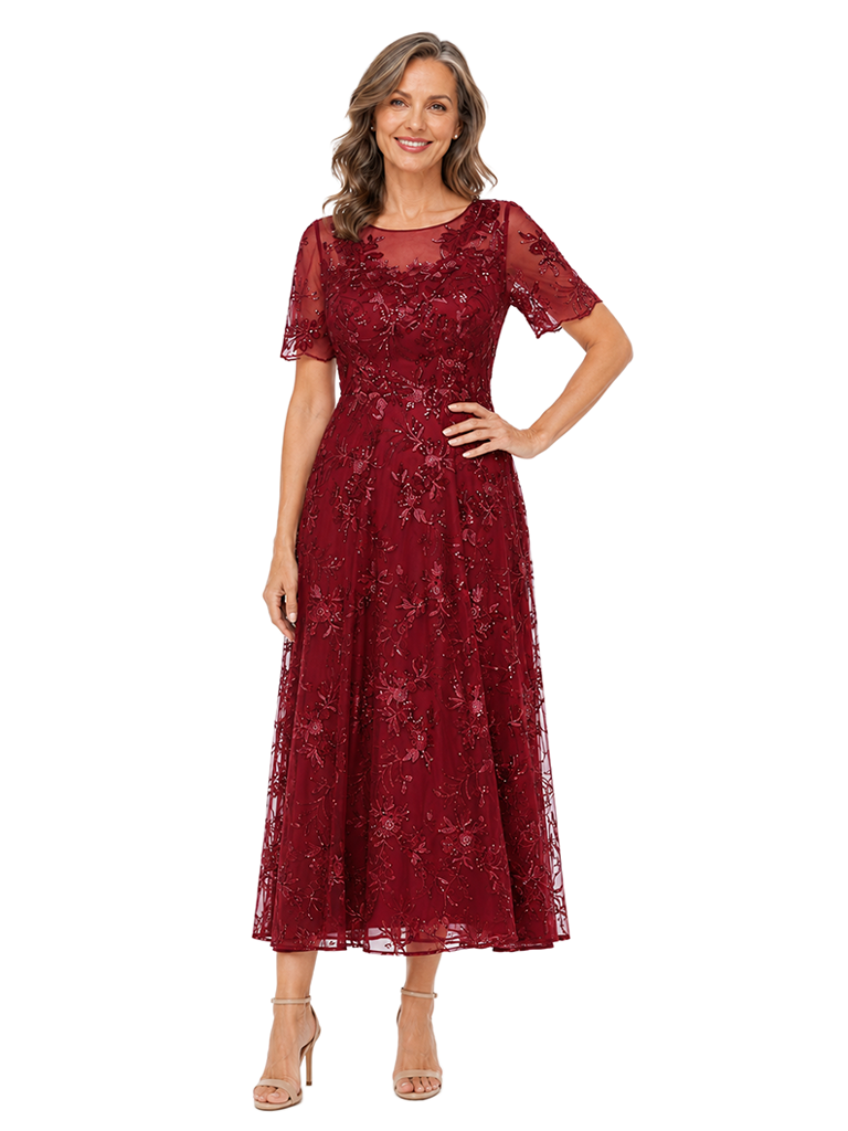 ChicSew Beautiful Short Sleeve Round Neck Lace Tea Length A-Line Mother Of The Bride Dress