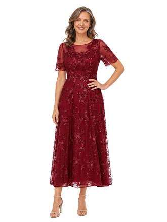ChicSew Beautiful Short Sleeve Round Neck Lace Tea Length A-Line Mother Of The Bride Dress
