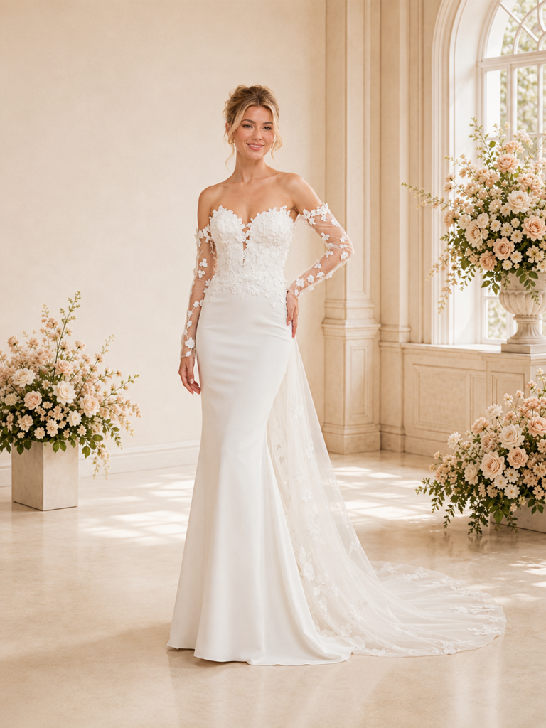 ChicSew Unique Off The Shoulder Long Sleeves Lace Tulle Mermaid Satin Maxi Wedding Dress With Train