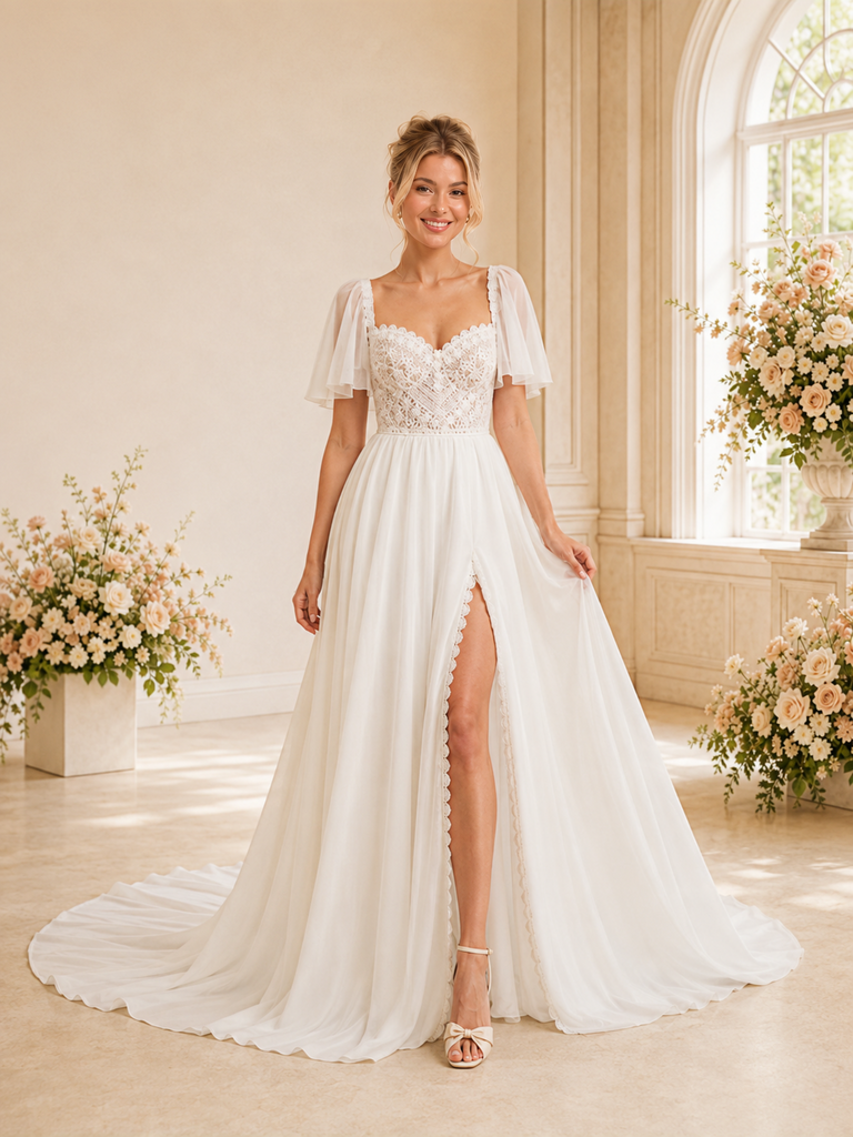 ChicSew Elegant V-Neck Short Sleeves Chiffon A-Line Floor-Length Wedding Dresses With Side Slit