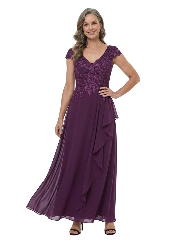 ChicSew V-Neck Cap Sleeve Ruffle Chiffon A-Line Mother of the Bride Dress
