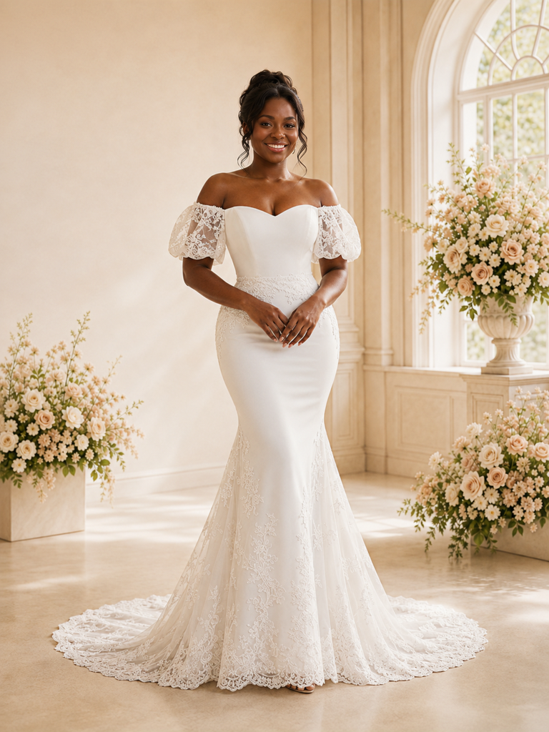 ChicSew Fancy Off The Shoulder Crepe Mermaid Long Wedding Dress With Applique