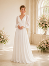 ChicSew Elegant V-Neck Long Sleeves Ruching A-Line Chiffon Floor-Length Wedding Dress