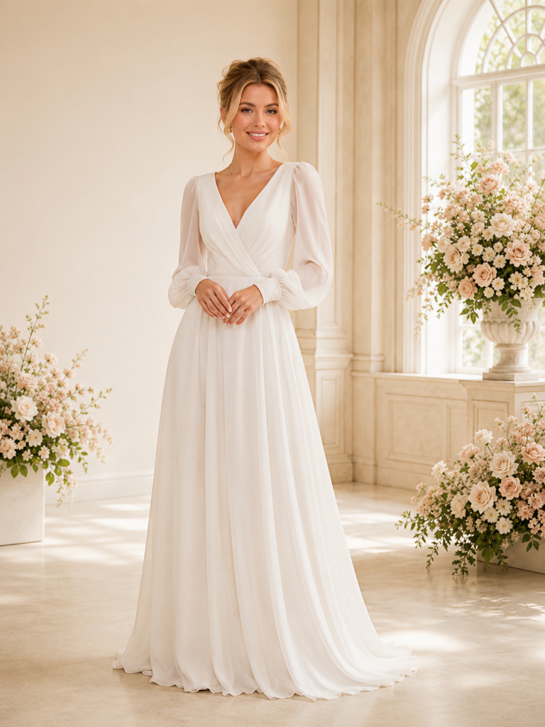 ChicSew Elegant V-Neck Long Sleeves Ruching A-Line Chiffon Floor-Length Wedding Dress