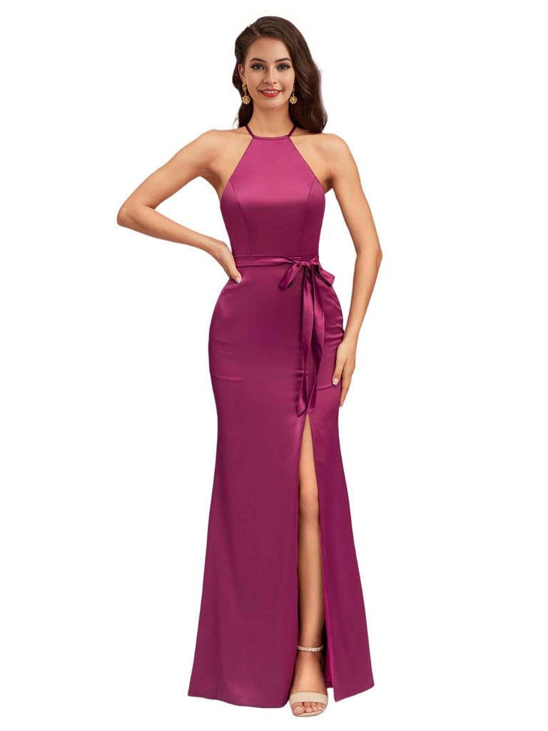 Sexy Halter Soft Satin Mermaid Side Slit Long Bridesmaid Dresses Online